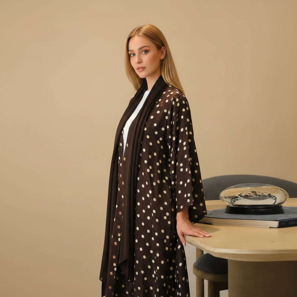 Polka Dot Printed Open Abaya Dress For Women - With Matching Hijab - Black - #26277
