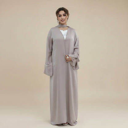 Lace Cuff Open Abaya Dress - For Muslim Women - Black/Coffee/Khaki - #261181