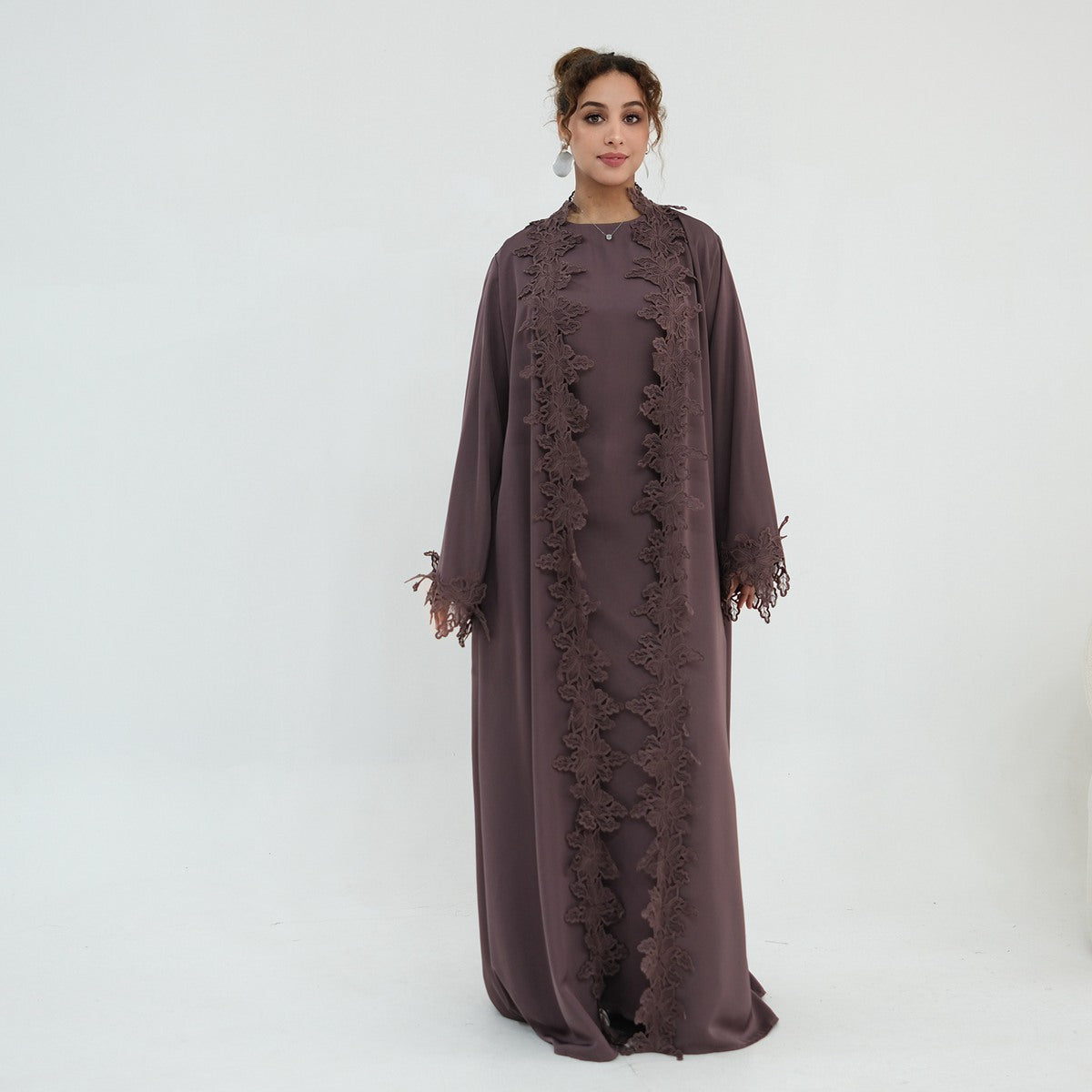 Muslim Women 3D Lace Trimming Open Abaya Dress Set - With Inner Sleeveless Dress - Nida - #261184