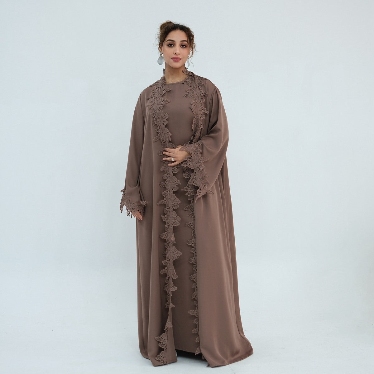 Muslim Women 3D Lace Trimming Open Abaya Dress Set - With Inner Sleeveless Dress - Nida - #261184