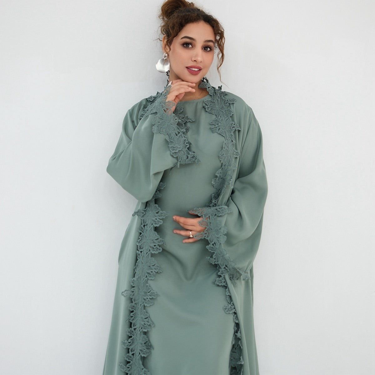 Muslim Women 3D Lace Trimming Open Abaya Dress Set - With Inner Sleeveless Dress - Nida - #261184