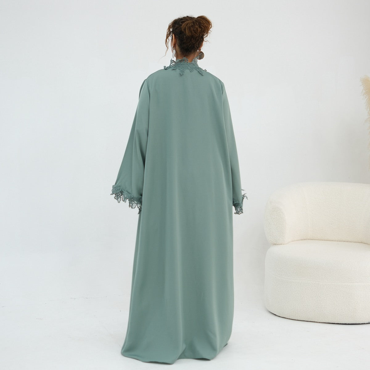 Muslim Women 3D Lace Trimming Open Abaya Dress Set - With Inner Sleeveless Dress - Nida - #261184