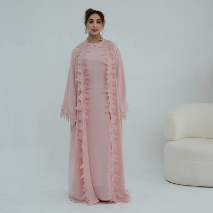 Muslim Women 3D Lace Trimming Open Abaya Dress Set - With Inner Sleeveless Dress - Nida - #261184