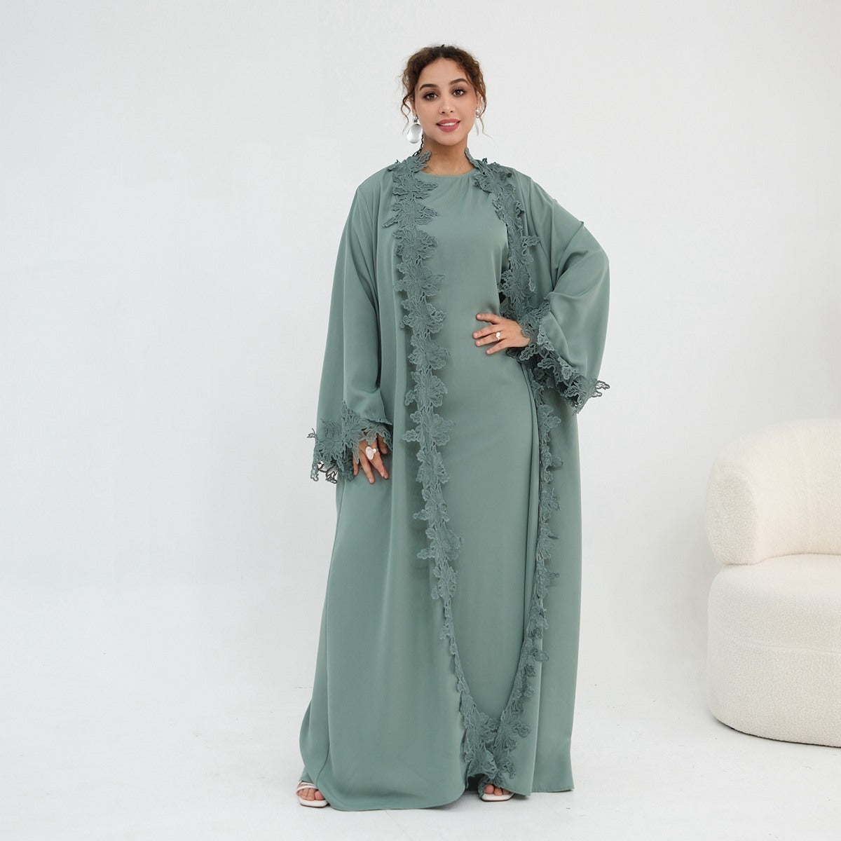Muslim Women 3D Lace Trimming Open Abaya Dress Set - With Inner Sleeveless Dress - Nida - #261184