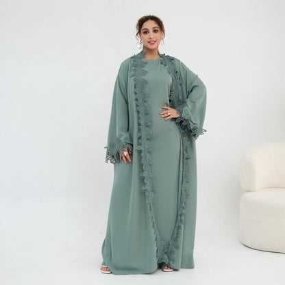 Muslim Women 3D Lace Trimming Open Abaya Dress Set - With Inner Sleeveless Dress - Nida - #261184