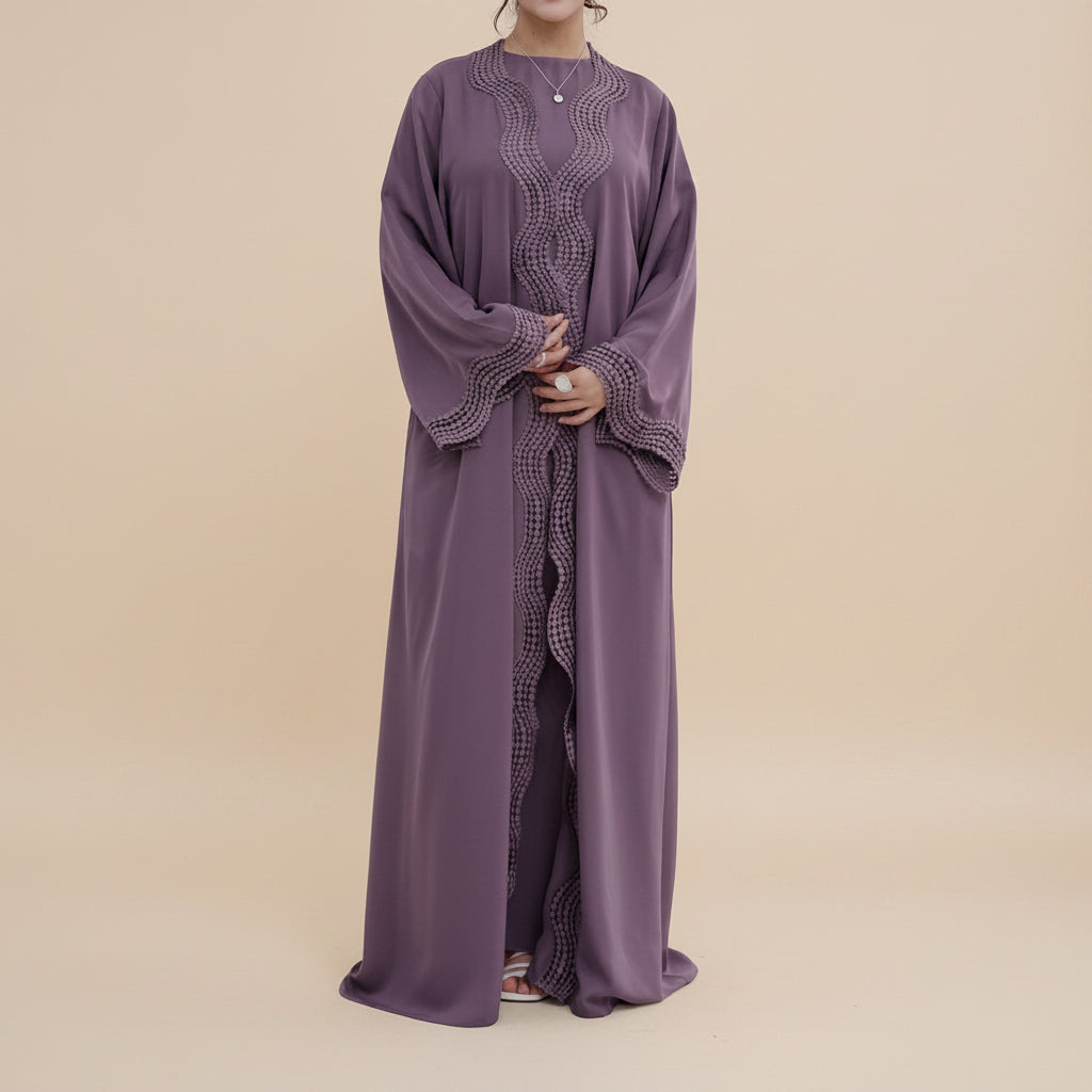 2 Pieces Set Ruffle-trimmed Open Abaya Dress - With Inner Sleevelesss Abaya Dress - #261181