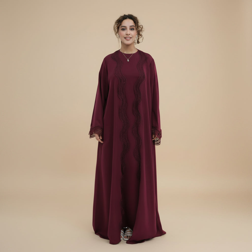 2 Pieces Set Ruffle-trimmed Open Abaya Dress - With Inner Sleevelesss Abaya Dress - #261181