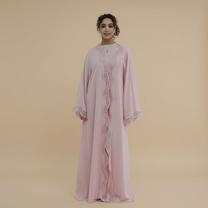 2 Pieces Set Ruffle-trimmed Open Abaya Dress - With Inner Sleevelesss Abaya Dress - #261181