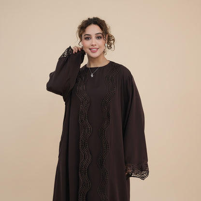 2 Pieces Set Ruffle-trimmed Open Abaya Dress - With Inner Sleevelesss Abaya Dress - #261181