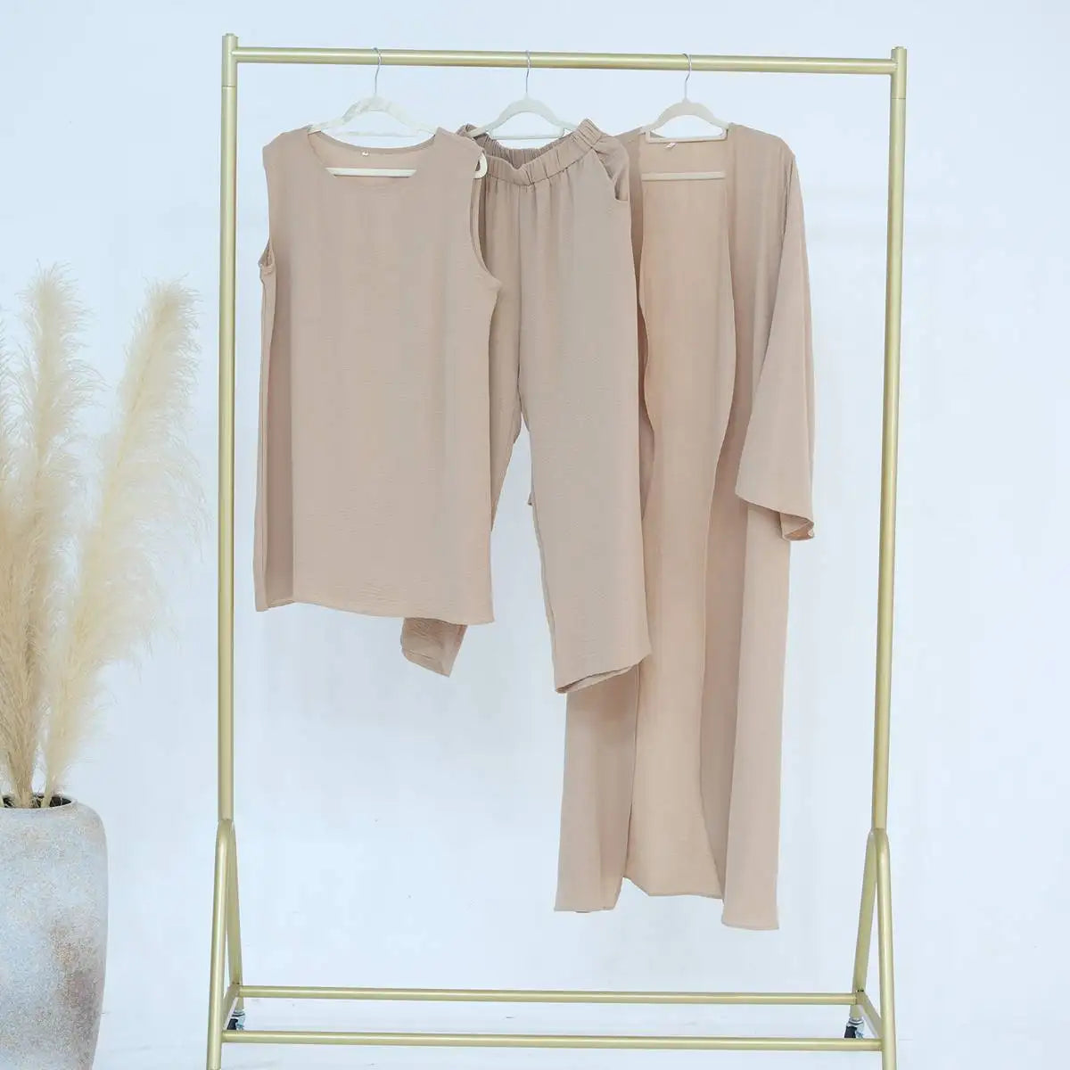 Ensemble 3 pièces haut sans manches et pantalon avec robe abaya ouverte pour femmes musulmanes