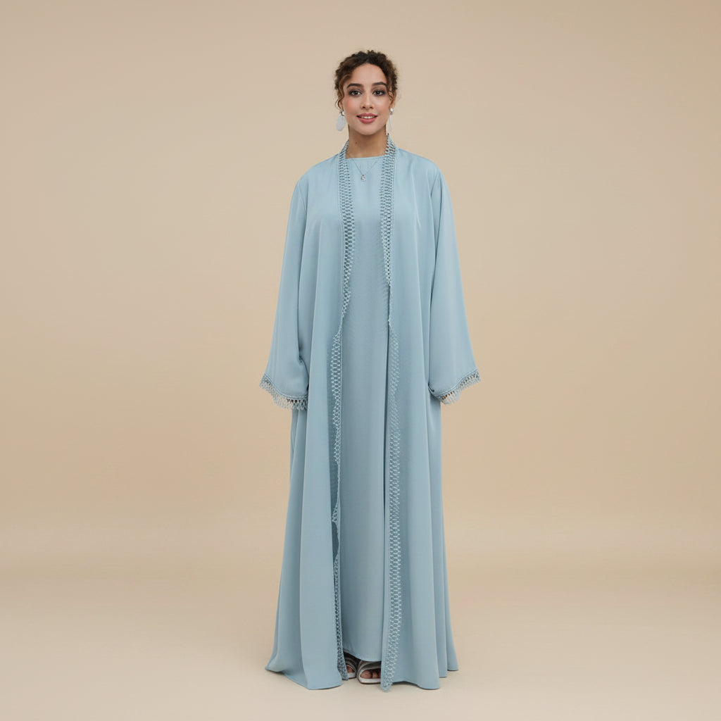 3D Floral Lace 2 Pieces Set Open Abaya Dress Set - With Inner Sleeveless Abaya Dress - #261182