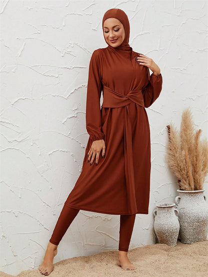 Muslim Burkini 3 Pieces Set Swimsuit Swimwear - Islamic Halal Bathing Suit - Orange - #2611036