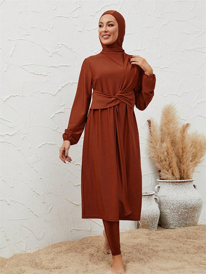 Muslim Burkini 3 Pieces Set Swimsuit Swimwear - Islamic Halal Bathing Suit - Orange - #2611036
