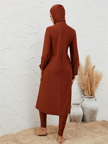 Muslim Burkini 3 Pieces Set Swimsuit Swimwear - Islamic Halal Bathing Suit - Orange - #2611036