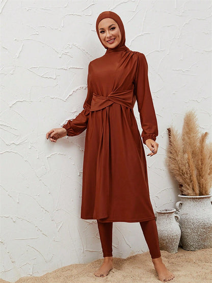 Muslim Burkini 3 Pieces Set Swimsuit Swimwear - Islamic Halal Bathing Suit - Orange - #2611036