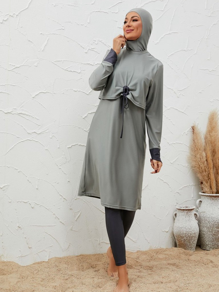 Muslim Burkini 3 Pieces Set Swimwear - Islamic Swimsuit Halal Bathing Suit - Gray - #2611068