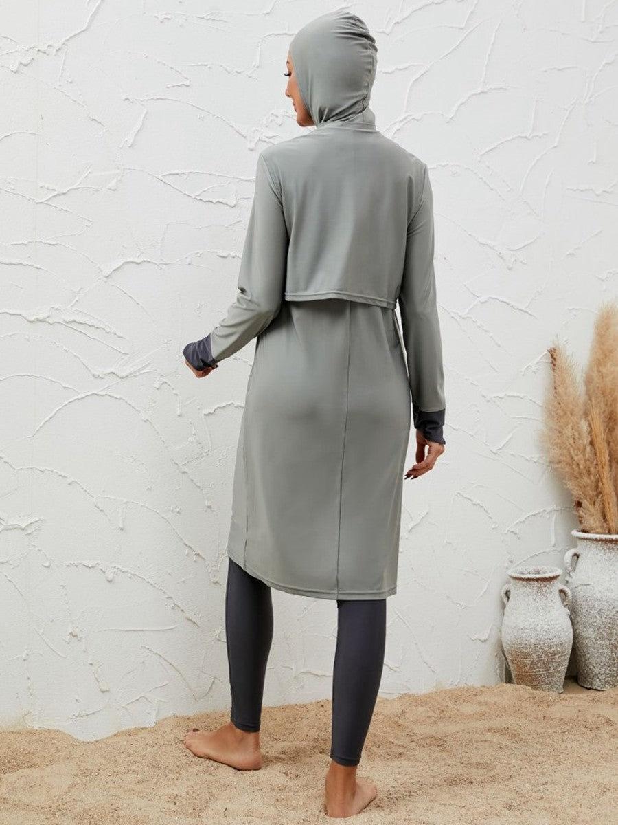 Muslim Burkini 3 Pieces Set Swimwear - Islamic Swimsuit Halal Bathing Suit - Gray - #2611068
