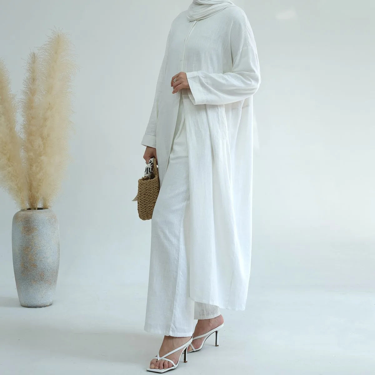 Ensemble 2 pièces en lin et coton mélangés, haut, robe et pantalon, tenue quotidienne pour femmes arabes #25924