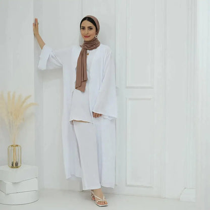 Ensemble 3 pièces haut sans manches et pantalon avec robe abaya ouverte pour femmes musulmanes
