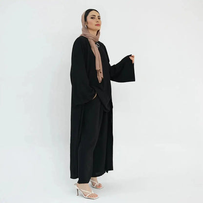 Ensemble 3 pièces haut sans manches et pantalon avec robe abaya ouverte pour femmes musulmanes