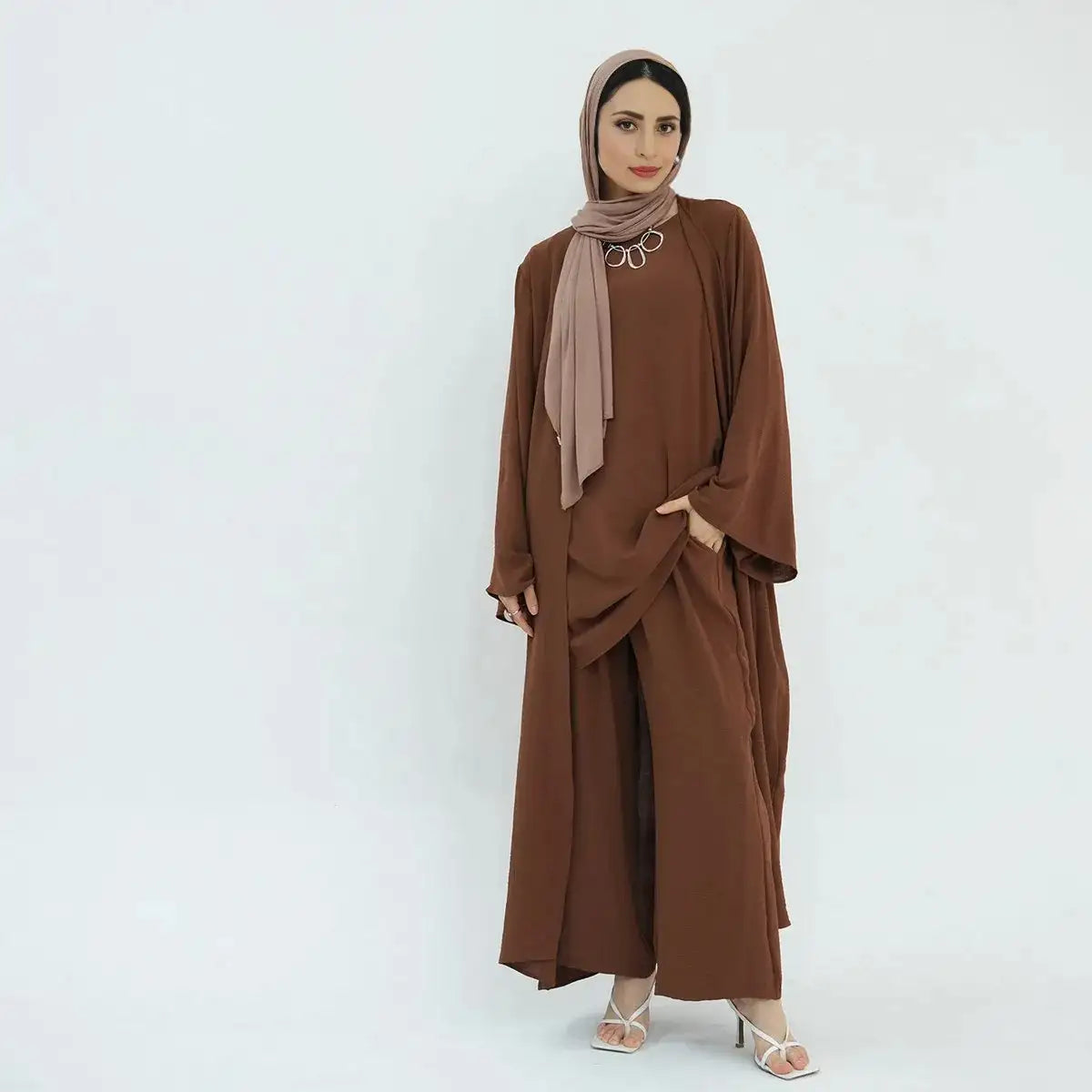Ensemble 3 pièces haut sans manches et pantalon avec robe abaya ouverte pour femmes musulmanes
