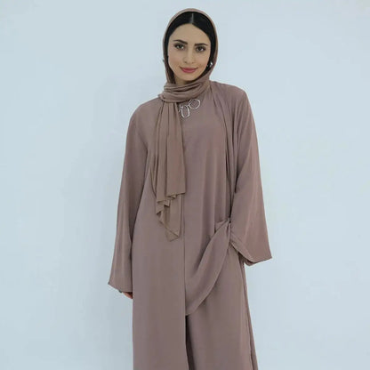 Ensemble 3 pièces haut sans manches et pantalon avec robe abaya ouverte pour femmes musulmanes