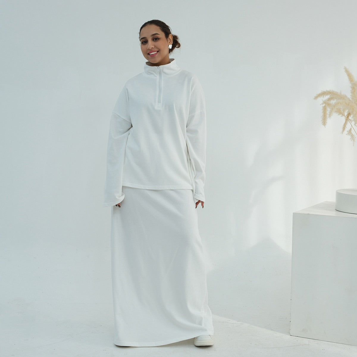 Muslim Women Winter Fall Cotton Co-ord Tops And Skirt Suit Set #251127