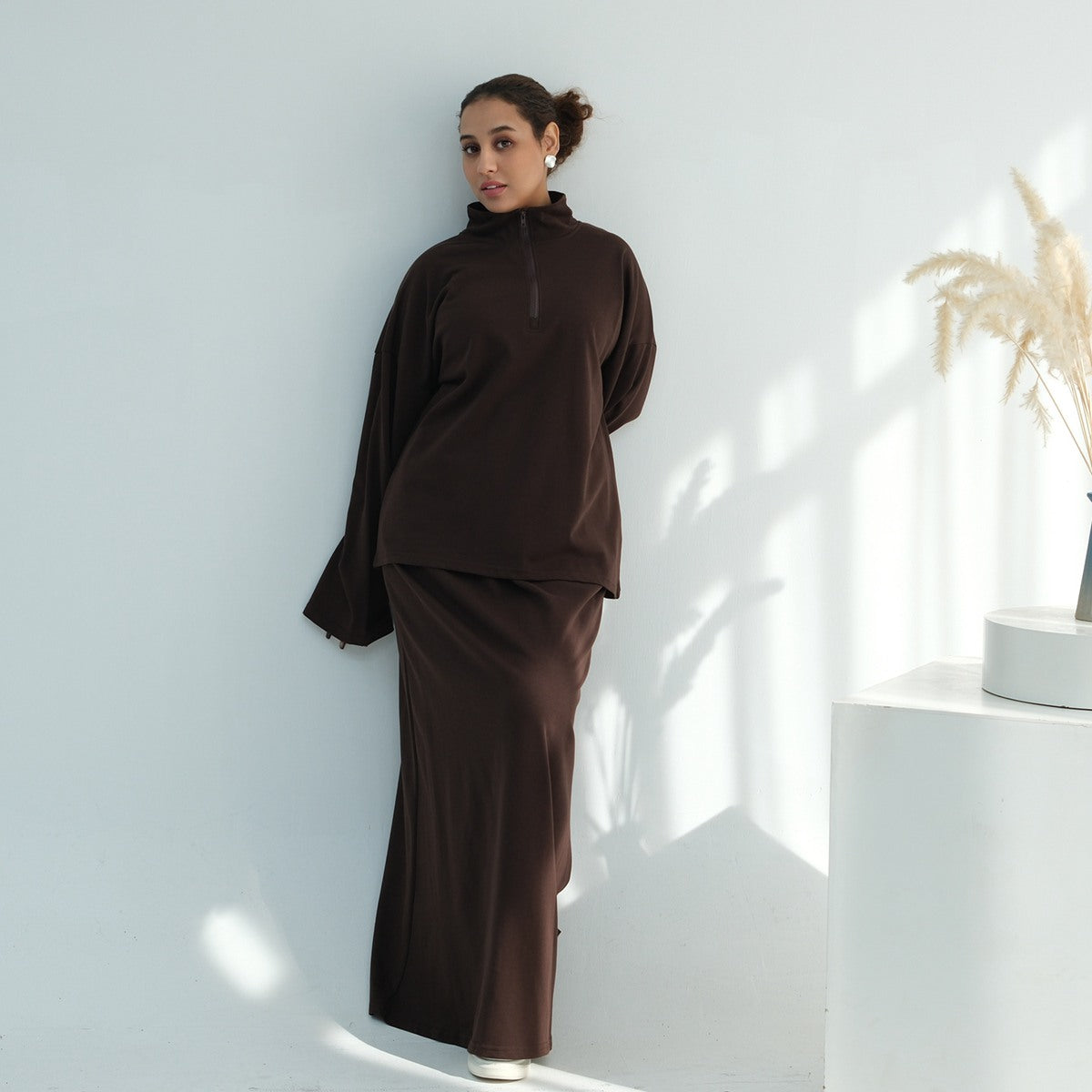 Muslim Women Winter Fall Cotton Co-ord Tops And Skirt Suit Set #251127