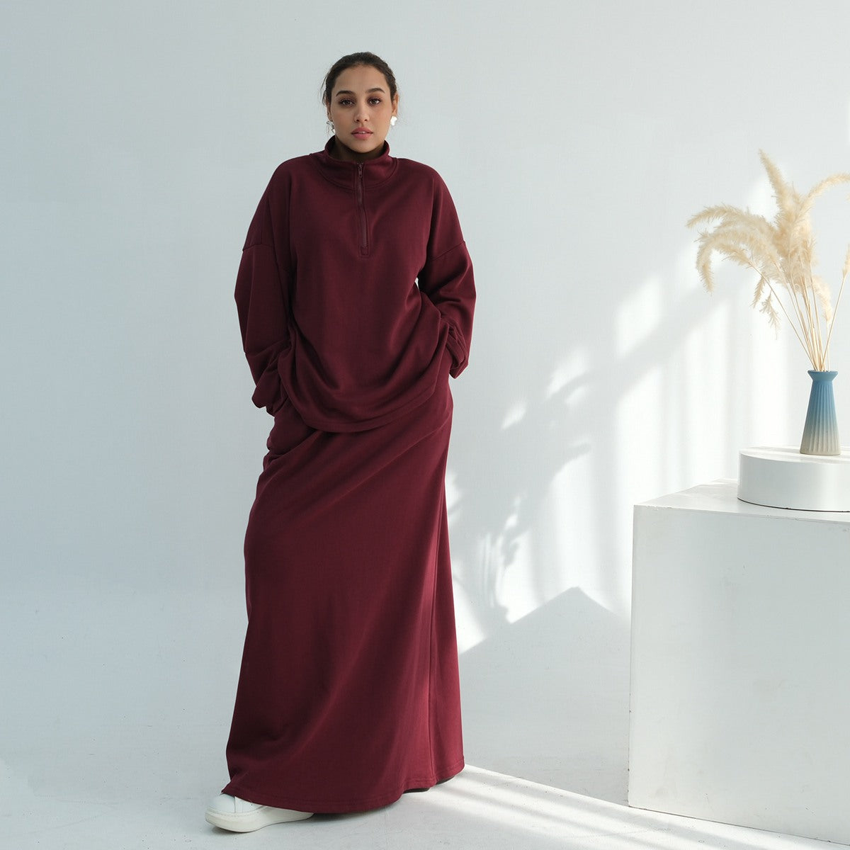 Muslim Women Winter Fall Cotton Co-ord Tops And Skirt Suit Set #251127