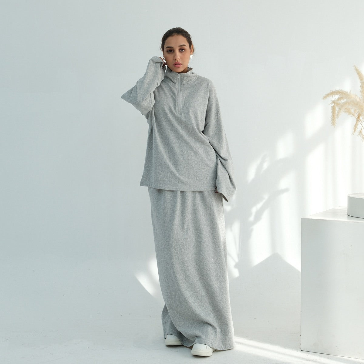 Muslim Women Winter Fall Cotton Co-ord Tops And Skirt Suit Set #251127