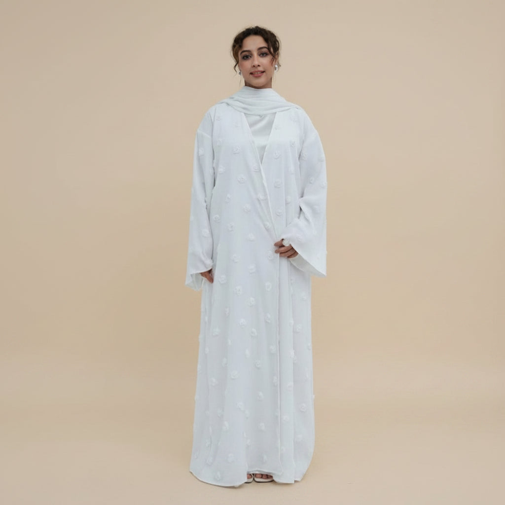 Muslim Women 3D Floral Embellishments Double Layers Open Abaya Dress With Hijab #261187