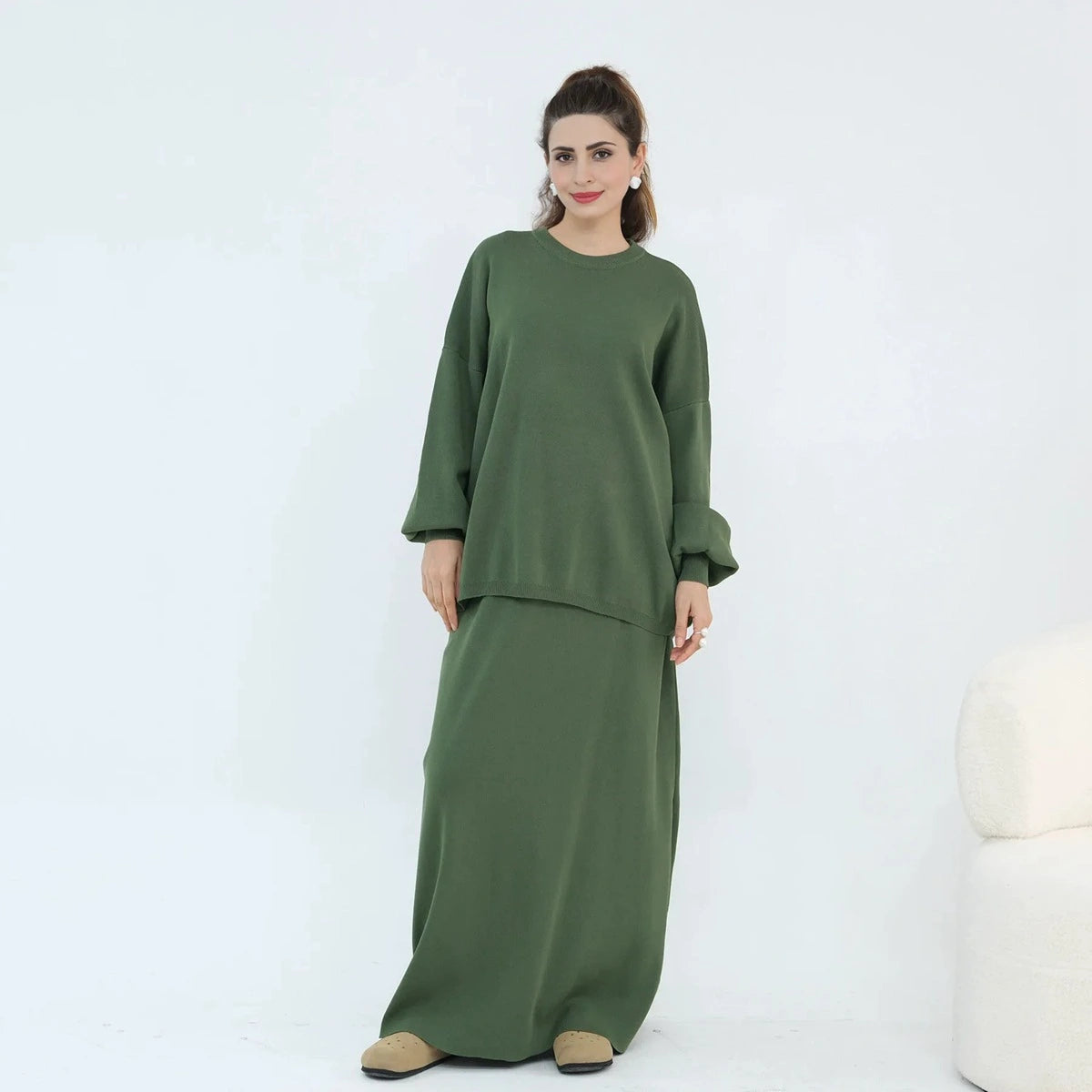 Winter Fall Muslim Women Thick Knitted 2 Pieces Set Tops And Skirt Suit Set #25929