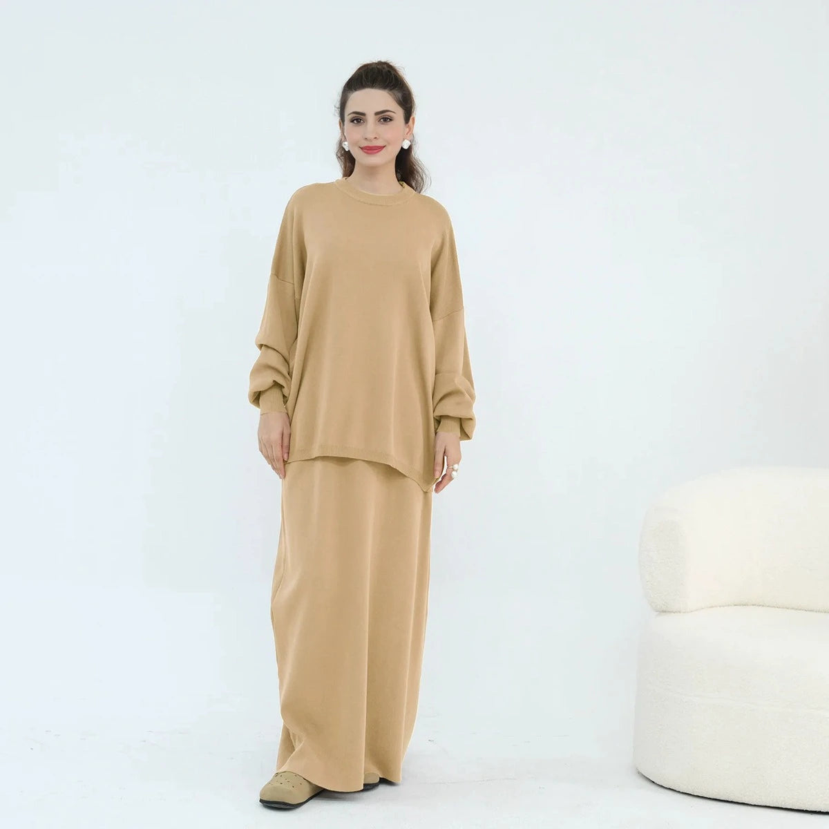 Winter Fall Muslim Women Thick Knitted 2 Pieces Set Tops And Skirt Suit Set #25929
