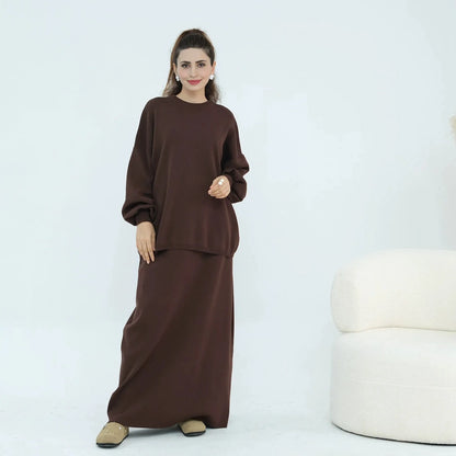 Winter Fall Muslim Women Thick Knitted 2 Pieces Set Tops And Skirt Suit Set #25929