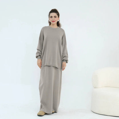 Winter Fall Muslim Women Thick Knitted 2 Pieces Set Tops And Skirt Suit Set #25929