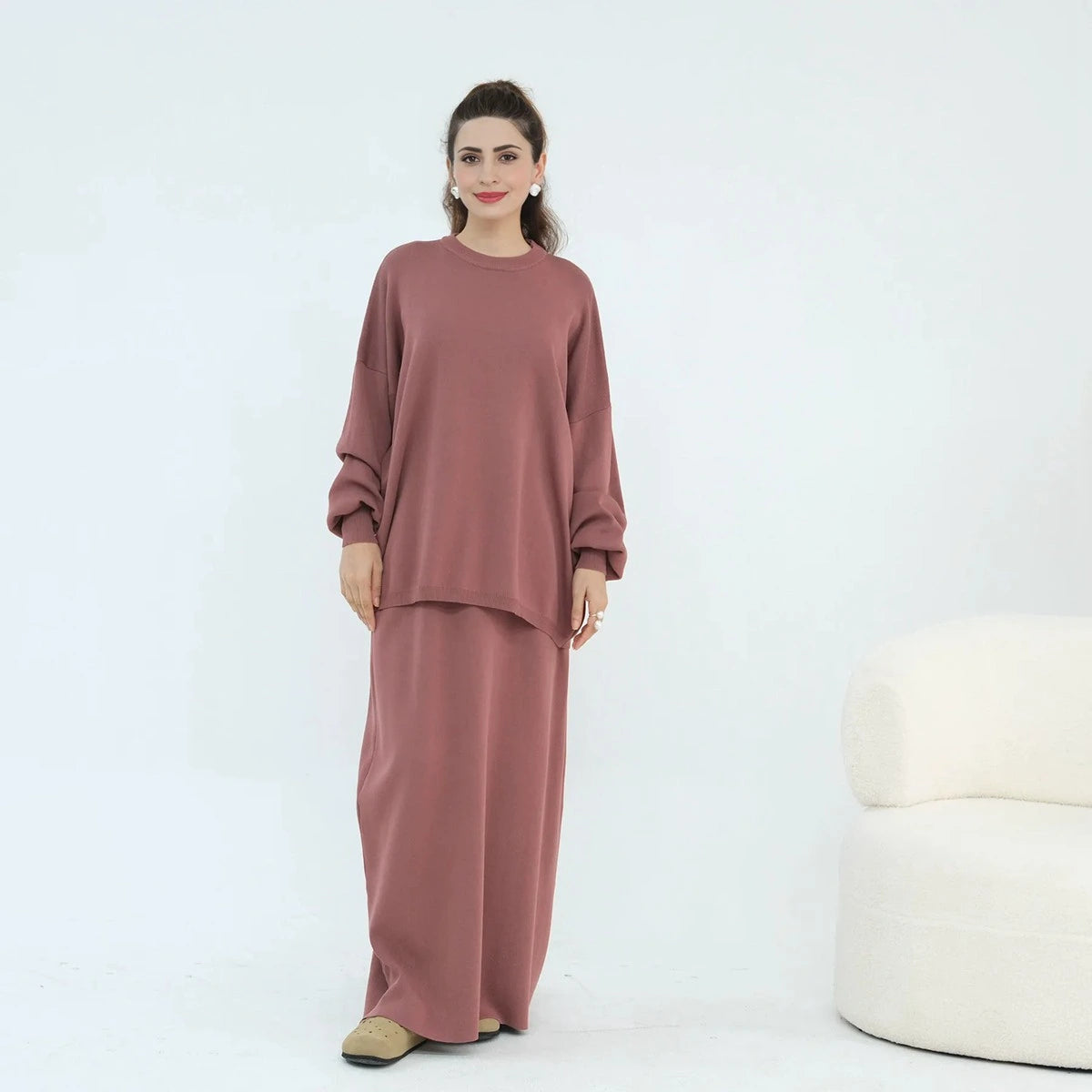 Winter Fall Muslim Women Thick Knitted 2 Pieces Set Tops And Skirt Suit Set #25929