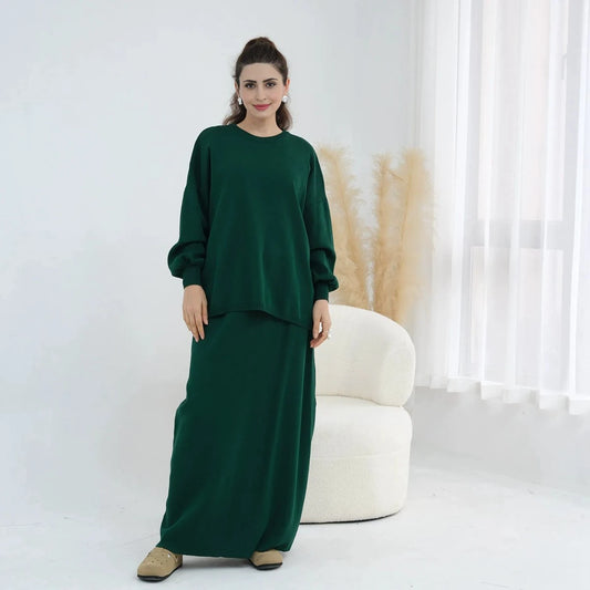 Winter Fall Muslim Women Thick Knitted 2 Pieces Set Tops And Skirt Suit Set #25929