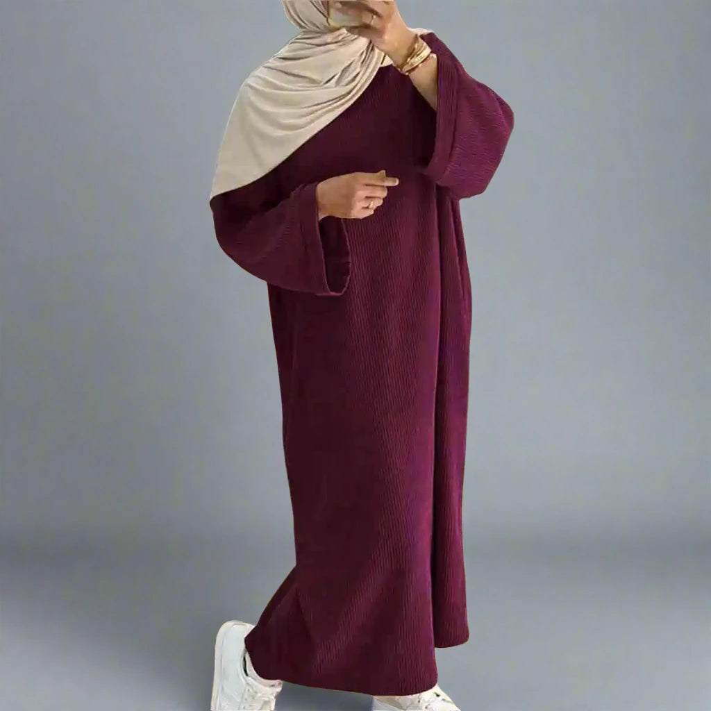 Robe Abaya en velours côtelé épais avec poche pour l'hiver et l'automne #24926