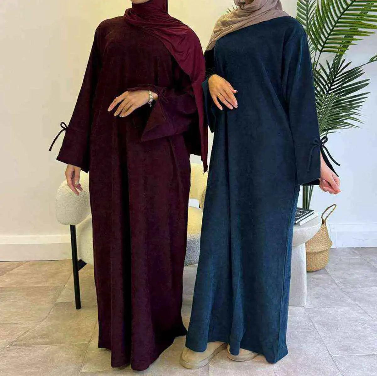 Robe Abaya en velours côtelé avec nœud papillon et poignets #24925