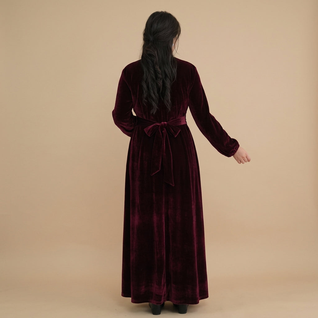 Winter Fall Muslim Women Thick Velvet Waist Abaya Dress #261998