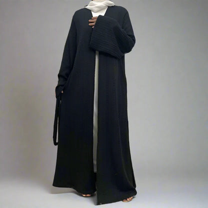 Winter Fall Muslim Women Wool Open Abaya Dress With Pocket