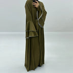 Tenues de l'Aïd Ensemble 3 pièces Robe Abaya ouverte en satin avec robe intérieure et portefeuille midi