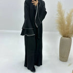 Tenues de l'Aïd Ensemble 3 pièces Robe Abaya ouverte en satin avec robe intérieure et portefeuille midi