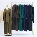 Tenues de l'Aïd Ensemble 3 pièces Robe Abaya ouverte en satin avec robe intérieure et portefeuille midi