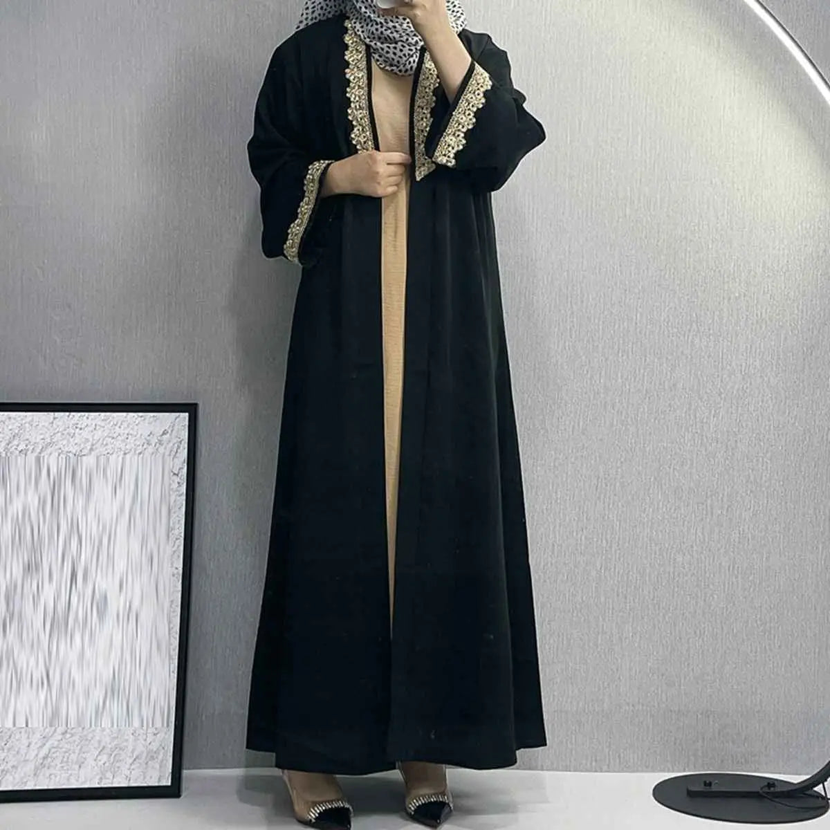 Robe Abaya ouverte en cardigan brodé en sergé brisé pour femmes musulmanes