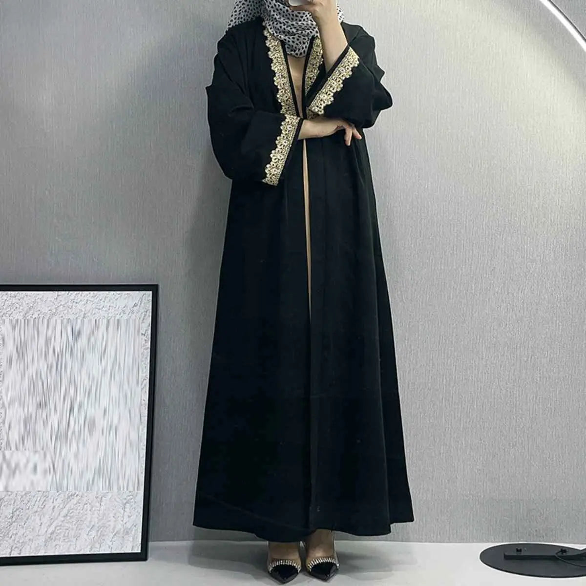 Robe Abaya ouverte en cardigan brodé en sergé brisé pour femmes musulmanes