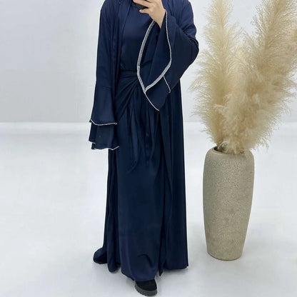 Eid Outfits 3 Pieces Set Satin Open Abaya Dress Set With Inne Dress And Midi Wrap