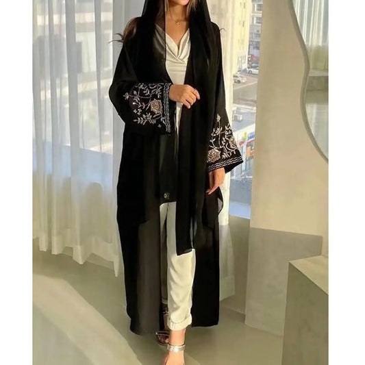 Robe Abaya ouverte à manches brodées de fleurs pour femmes musulmanes