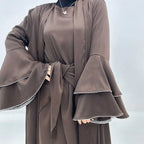 Tenues de l'Aïd Ensemble 3 pièces Robe Abaya ouverte en satin avec robe intérieure et portefeuille midi