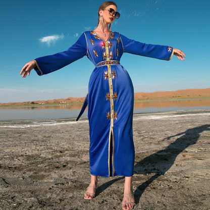 Robe caftan arabe de Dubaï, cousue à la main avec strass, pour femme